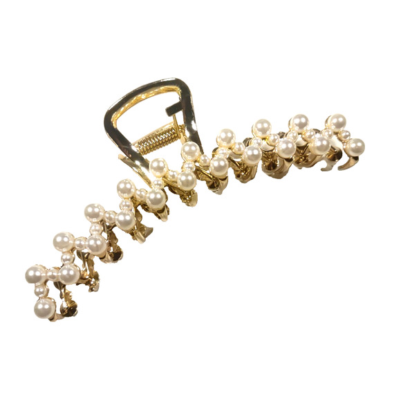 Alligator Clip Barrette Gold Tone Faux Pearl Large Classic - Picture 2 of 6